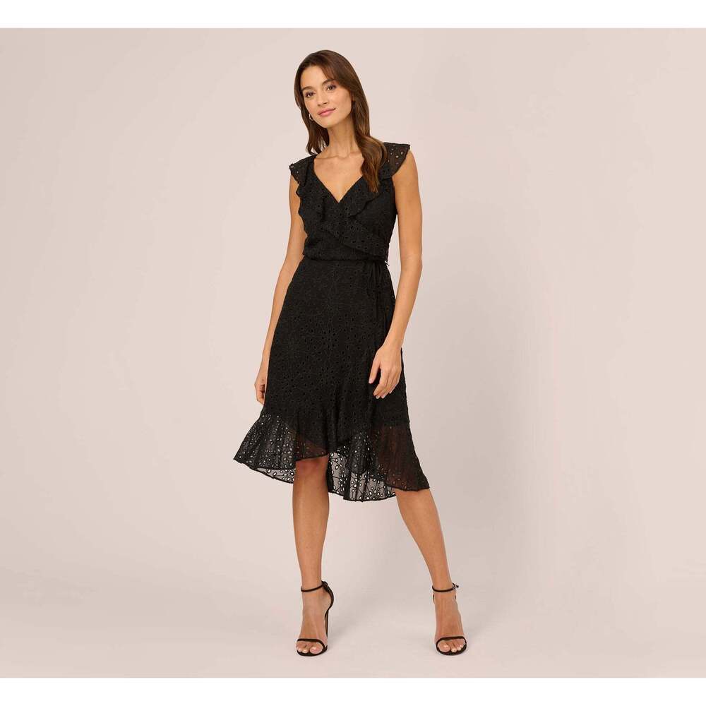 Adrianna Papell Eyelet Faux Wrap Midi Dress With Ruffle Details In Black Size 18